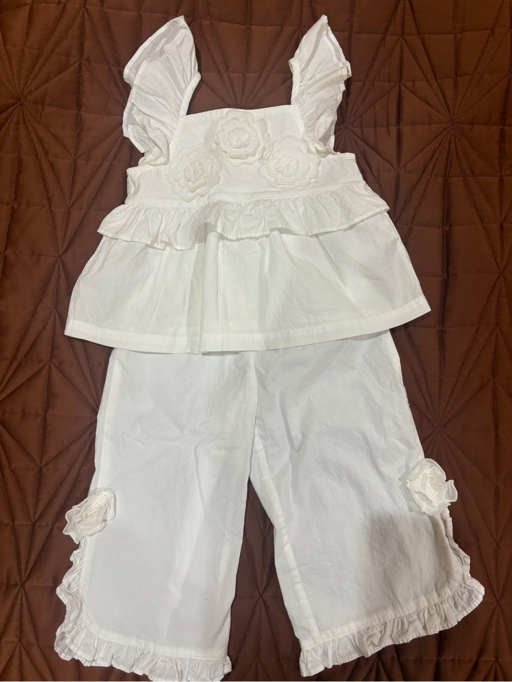 Zara White Ruffle Cotton Top and Culotte Bottoms Set